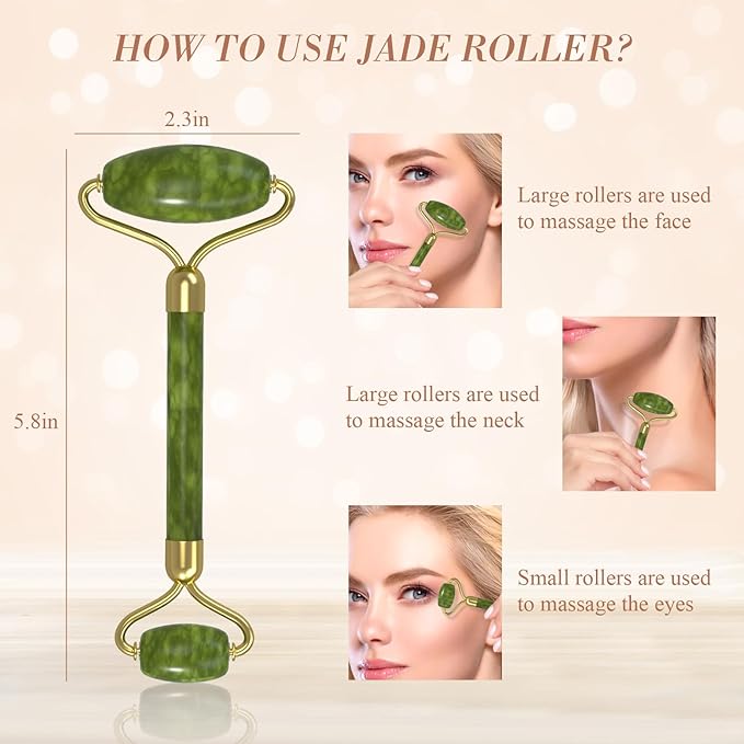 Jade Roller Gua Sha Set (Green) - Facial Massage Tool with Dual-Sided Roller