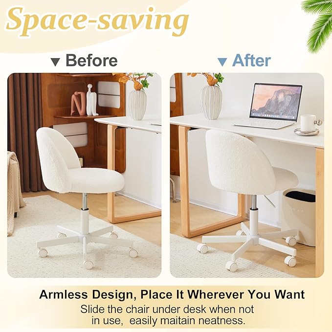 VINGLI Modern Vanity Chair with Back, Velvet Desk Chair for Girls, Small Office Chair with Silent Wheels， Stylish and Comfortable, White