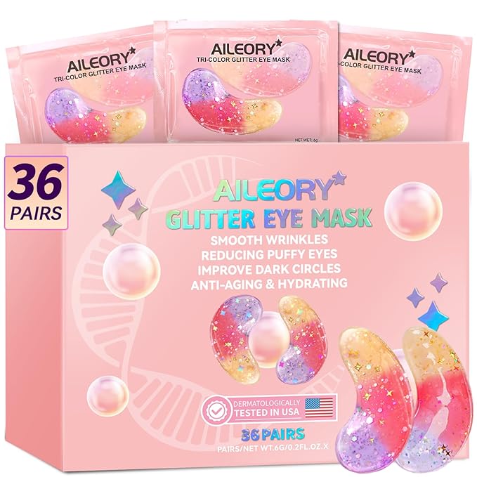 Under Eye Patches (36 Pairs) - Tri-color Glitter Eye Gel Pads for Dark Circles, Puffy Eyes, Under eye Bags, Wrinkles | Natural Collagen Under Eye Mask Patches, Easter Basket Stuffers