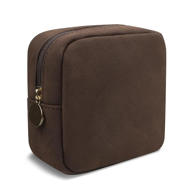 Waterproof Mini Makeup Bag for Purse,Small Cosmetic Pouch Suede Travel Toiletry Organizers Bag for Women Girls,Cute Zipper Preppy Coin Purse Sanitary Napkin Storage Bag for Work(Mini-Coffee)