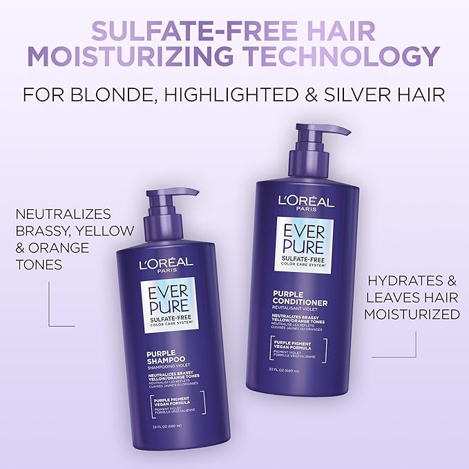 L’Oreal Paris Sulfate Free Brass Toning Purple Conditioner for Blonde,Bleached,Silver,or Brown Highlighted Hair,EverPure,23 Fl Oz (Packaging May Vary),(Pack of 2)