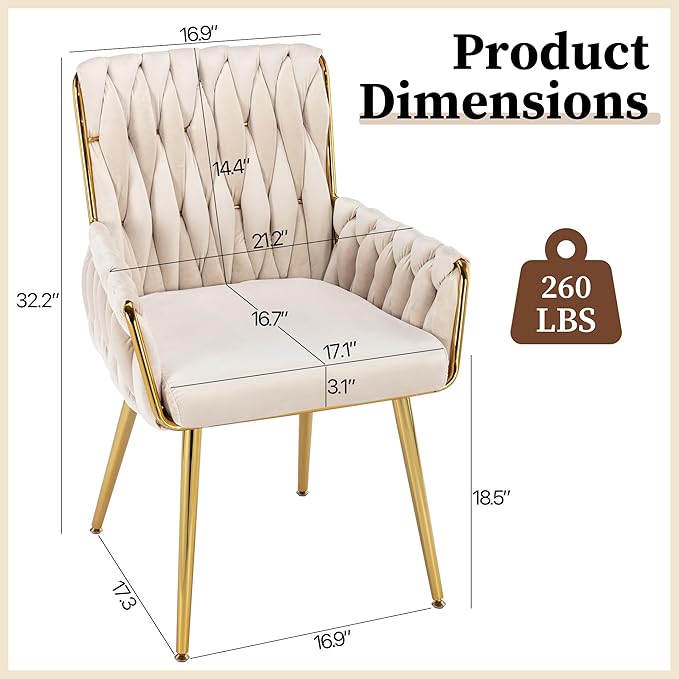 ABET Office Desk Chair No Wheels, Woven Velvet Vanity Chair with Back & Armrest, Comfy Upholstered Cute Gold Metal Legs Makeup Aesthetic Armchair for Girls & Women Bedroom, Nail Spa, Beige
