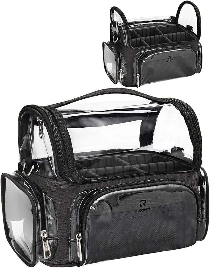 Makeup Brush Bag, Clear Makeup Brush Holder Professional Makeup Artist Travel Case Waterproof Cosmetic Organizer Bag, Full Open Easy to Access, with Adjustable Shoulder Strap and Dividers