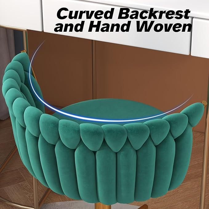 Velvet Woven Home Office Chair, Modern Swivel Desk Chair with Wheels, Height Adjustable Vanity Chair with Gold Metal Base and Hand Weaving Back for Bedroom Study Small Space, Green