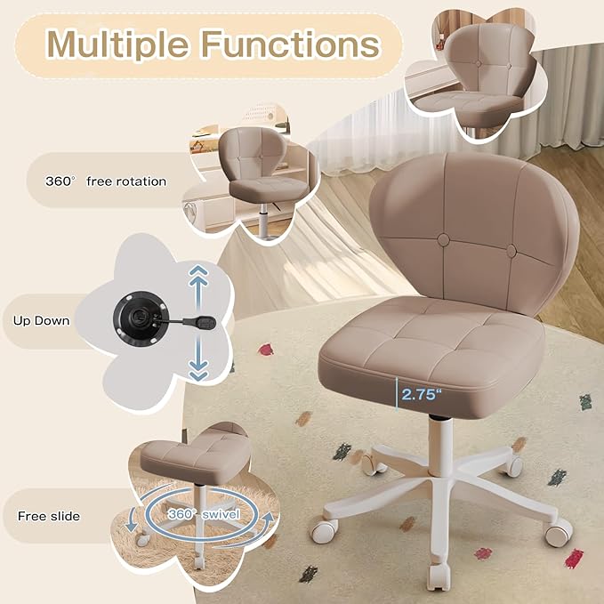 Vanity Chair with Back – Small Armless Office Chair with Wheels, Lumbar Support, PU Leather, Adjustable Height, 360° Swivel for Home, Bedroom, Office Khaki Set of 2
