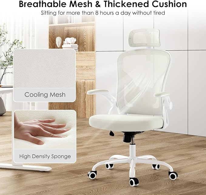 Farini Ergonomic Office Chair, Home Office Desk Chair with Headrest, High Back Swivel Computer Chair with Armrests and Adjustable Lumbar Support for Home Office Study Room, White & Beige