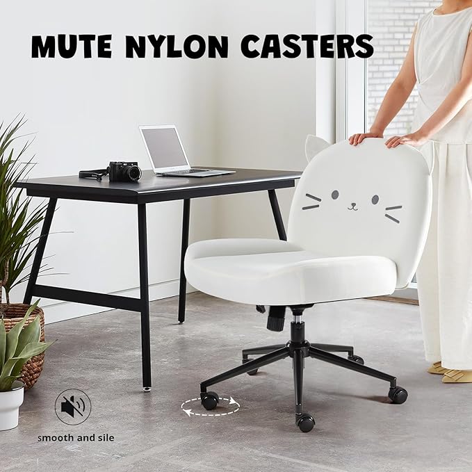 IWMH Armless Office Desk Chair with Wheels,Ergonomic Criss Cross Legged Computer Chair with Fabric Padded, Height Adjustable Wide Seat Vanity Chair,Mid Back Task Chair for Home (White cat)