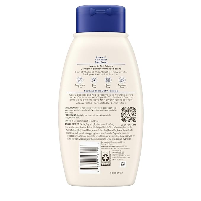 Aveeno Skin Relief Fragrance-Free Body Wash with Triple Oat Formula, Gentle Daily Cleanser for Sensitive Skin Leaves Itchy, Dry Skin Feeling & Soothed Moisturized, 12 fl. oz