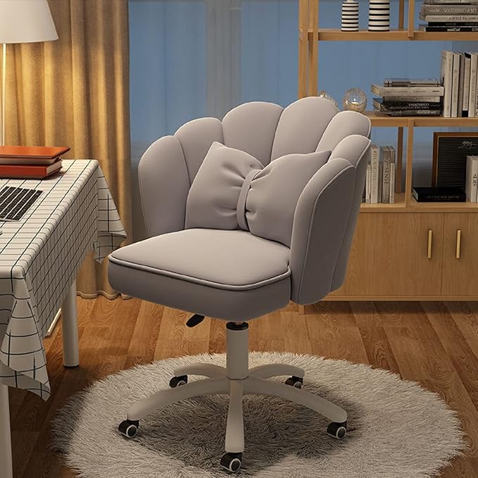 Petal Desk Chair with Bow Cushion Velvet Vanity Chair with Wheels, Upholstered Home Office Chair for Girls Women, Mid-Back Swivel Computer Task Chairs for Living Room Bedroom
