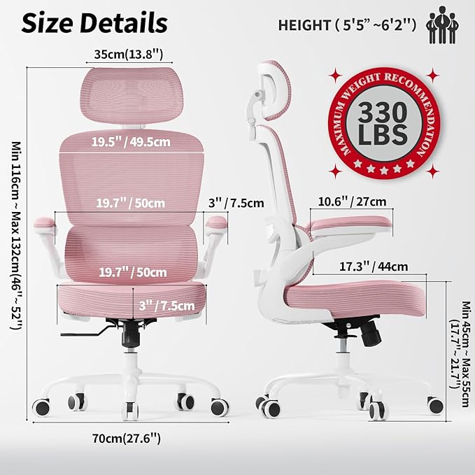 TRALT Ergonomic Office Chair - Desk Chair with Adjustable Headrest Lumbar Support Computer Chair - Mesh Comfy Chair with Flip-up Armrests - Gaming Chairs for Adults Home Office (Leather, Pink)