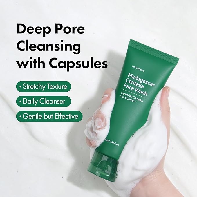 TOSOWOONG Madagascar Centella Face Wash, Mochi Whip with Capsules for Blackheads, Clogged Pores, Excess Sebum, Troubled Skin, Calming with 9 Cica Complex, Korean Skincare, 100 ml / 3.38 fl. oz.