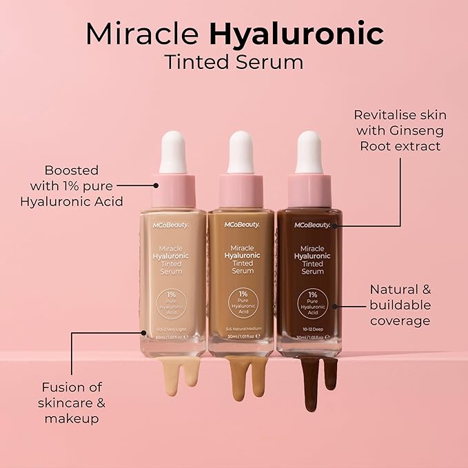 MCoBeauty Miracle Hyaluronic Tinted Serum 8-10 Warm Deep - Hydrating Skin Tint Foundation with Hyaluronic Acid Ginseng - Buildable Sheer to Medium Coverage Dewy Finish - Vegan Cruelty Free Makeup