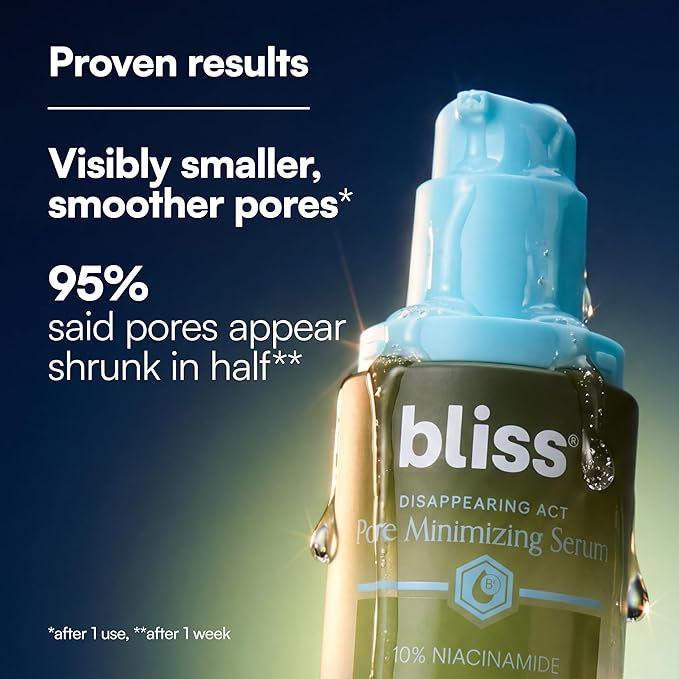 Bliss Disappearing Act Pore-Minimizing Serum – Niacinamide + Pore Vanish Complex with Green Tea – Refines Pores, Controls Oil & Targets Dark Spots for Smooth Glass Skin – 1 Fl Oz