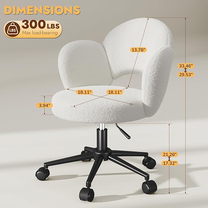 Flower Vanity Chair, Cute Petal Desk Chair with Wheels, Height Adjustable & Armless Swivel Makeup Task Chair for Relaxation, Study, White