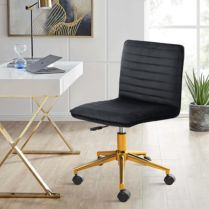 Furniliving Home Office Desk Chair, Armless Vanity Chair with Wheels Soft Velvet Adjustable Height, Comfy Computer Rolling Chairs with Gold Metal Base Stool,Black