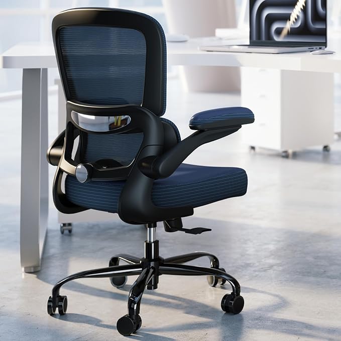 TRALT Ergonomic Office Chair - Desk Chair with Adjustable Lumbar Support Computer Chair - Mesh Comfy Chair with Flip-up Armrests - Gaming Chairs for Adults Home Office (PU Leather, Navy Blue)