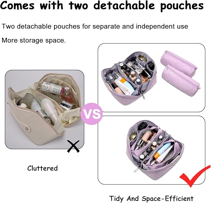 BOYATU Travel Makeup Bag Organizer: 3 Pcs Set Large Capacity Cosmetic Bags Holds 10–20 100ml Full-Size Bottles - 180°Open-Flat Make up Case 3-sec touch-up - Toiletry Bag Gift women (01-F-Purple)
