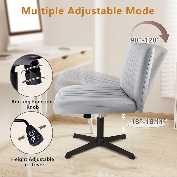 Criss Cross Chair, Armless Cross Legged Office Vanity Chair, Comfortable Fabric Wide Swivel Criss Cross Desk Chair for Home Office, Height Adjustable Vanity Criss Cross Chair with Back, Grey