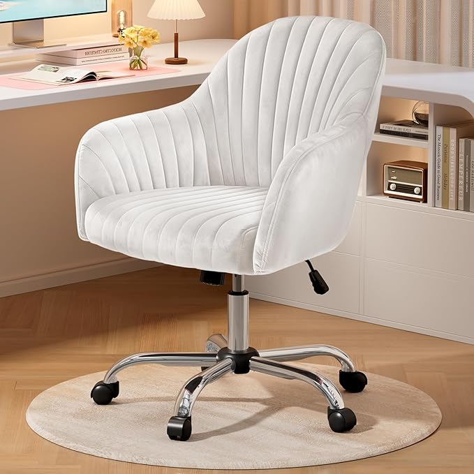 Warmiehomy Velvet Desk Chair for Home Office, Modern Adjustable Swivel Task Chair, Women Vanity Chairs with Arm Rest for Bedroom Dressing Room, White
