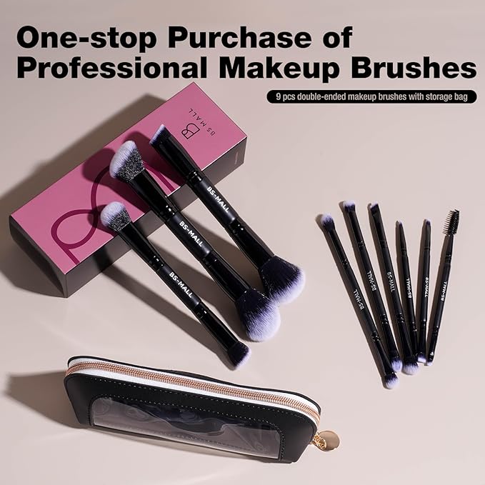 BS-MALL Double-ended Makeup Brush Set With Concealer Brush & Foundation Brush, Eyeshadow Brush- Travel-friendly Multi-purpose Brushes In Makeup Bag For Daily Use (9 PCS Black)