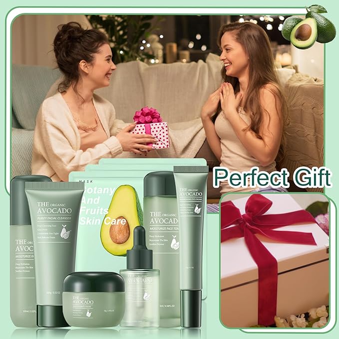 Avocado Face Skincare Set,9 Pcs Avocado Skin Care Set with Face Masks,Face Wash,Lotion,Toner,Face Serum,Face Moisturizer Cream,Eye Cream,Moisturizing Avocado Skin Care Kit