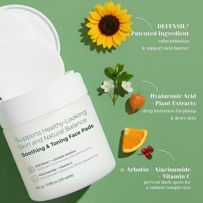 Toner Pads Face Exfoliator Dark Spots Removal Pads, Soothing with DEFENSIL®,Tea Tree | Wrinkle Minimizing with Peptides, Niacinamide for All Skin Types（125 Counts）