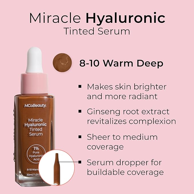 MCoBeauty Miracle Hyaluronic Tinted Serum 8-10 Warm Deep - Hydrating Skin Tint Foundation with Hyaluronic Acid Ginseng - Buildable Sheer to Medium Coverage Dewy Finish - Vegan Cruelty Free Makeup