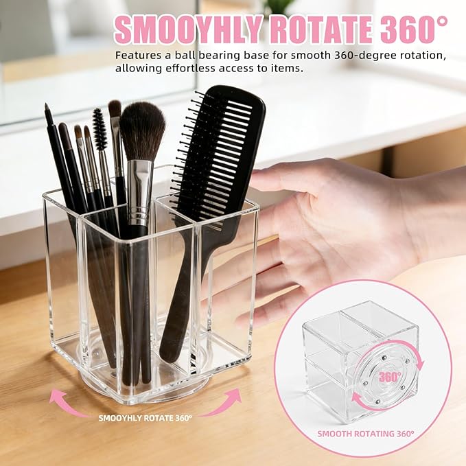 Acrylic Makeup Brush Holder, Clear Rotating Makeup Brush Holder Organizer, 4 Slot Square Make up Brush Stand for Vanity Desk Countertop Bathroom