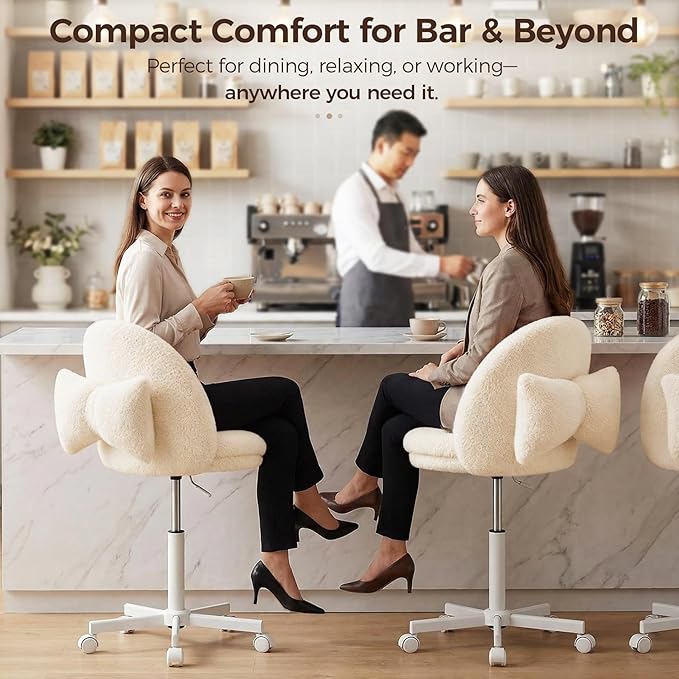 GTPOFFICE Vanity Chair with Back, Adjustable Tall Office Chair High Swivel Bar Stools Fluffy Cute Desk Chair Comfy with Wheels Bow Pillow Armlees for Adults Standing Desk Bar, Teddy Velvet, White