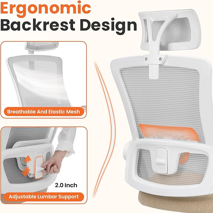 NEO Chair Ergonomic Office Desk Chair High Back Computer Gaming Mesh Chair with Comfy Task Adjustable Arms Lumbar Support Headrest Swivel for Home Office (Beige)