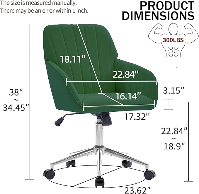 Velvet Home Office Desk Chair, Modern Cute Computer Task Chair with Back, Height Adjustable Upholstered Vanity Chair with Swivel Wheels for Women, Girls (Silver Base, Green