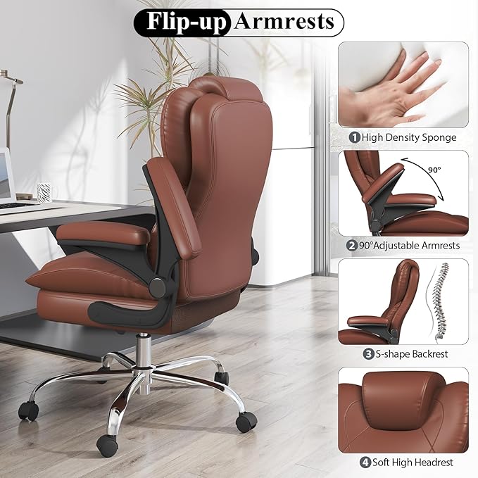 Office Desk Chair, Executive Leather Office Chair, High Back Ergonomic Home Desk Chair with Padded Flip-up Arms, Big and Tall Computer Chair with Rocking Function, 360°Swivel Free, Light Brown