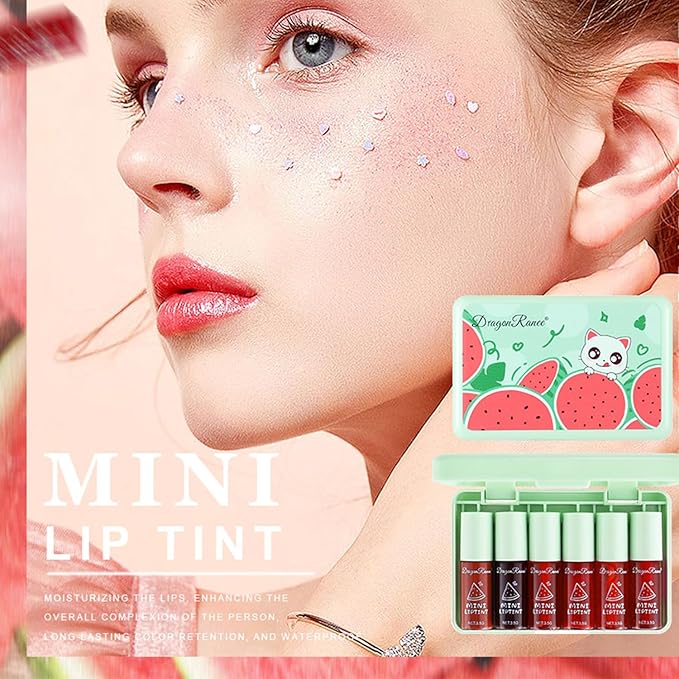 Eakroo 6 Colors Watermelon Lip Stain Set, Korean Velvet Watery Lip Tint Moisturizing Mini Liquid Lip Gloss, Lipstick for Women, Blush for Cheeks, Cute Stuff, Long-Lasting, Vivid Color, High Pigment