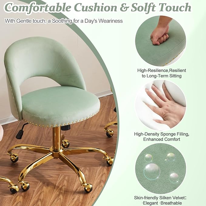 VINGLI Modern Velvet Small Office Chair,Cute Desk Chair with Wheels,Gold Base/Studs, Comfy Armless Swivel Vanity Task Chair for Women/Girl/Kids, Nail Tech Chair for Bedroom,Small Space,Mint Green
