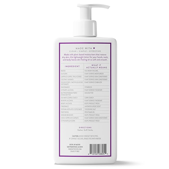 Native Body Lotion Contains Naturally Derived Plant-Based Moisturizers for Women and Men | Restores Dry Skin, Lavender & Rose, 16.5 fl oz