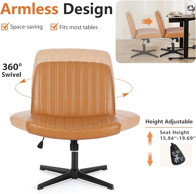 Sweetcrispy Criss Cross Chair Legged, Armless Office Wide Desk Chair No Wheels, PU Leather Swivel Vanity Height Adjustable Fabric Modern Computer Task Seating for Home - Brown