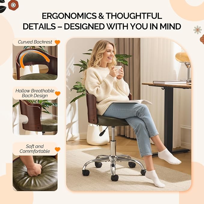 VINGLI Armless Home Office Desk Chair, Adjustable Swivel Chair,Dual-Use with/no Wheels,Small Retro Designed Walnut Curved Task Chair,Cushioned Nail Tech Chair for Study Area,Workspace,PU,Olive Green
