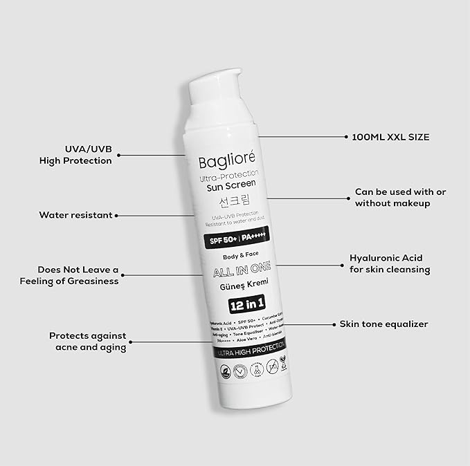 Bagliore Ultra-Protection Sunscreen, SPF 50+, Moisturizer with Zinc Oxide & Hyaluronic Acid, PA+++++, 12 in 1, Body & Face, 3.38 fl oz