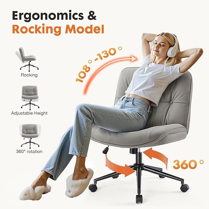 Sweetcrispy Criss Cross Chair with Wheels, Wide Seat PU Leather Armless Office Desk Vanity Chair, Comfortable Adjustable Swivel Computer Task Chairs for Bedroom, Small Space Make Up, Grey
