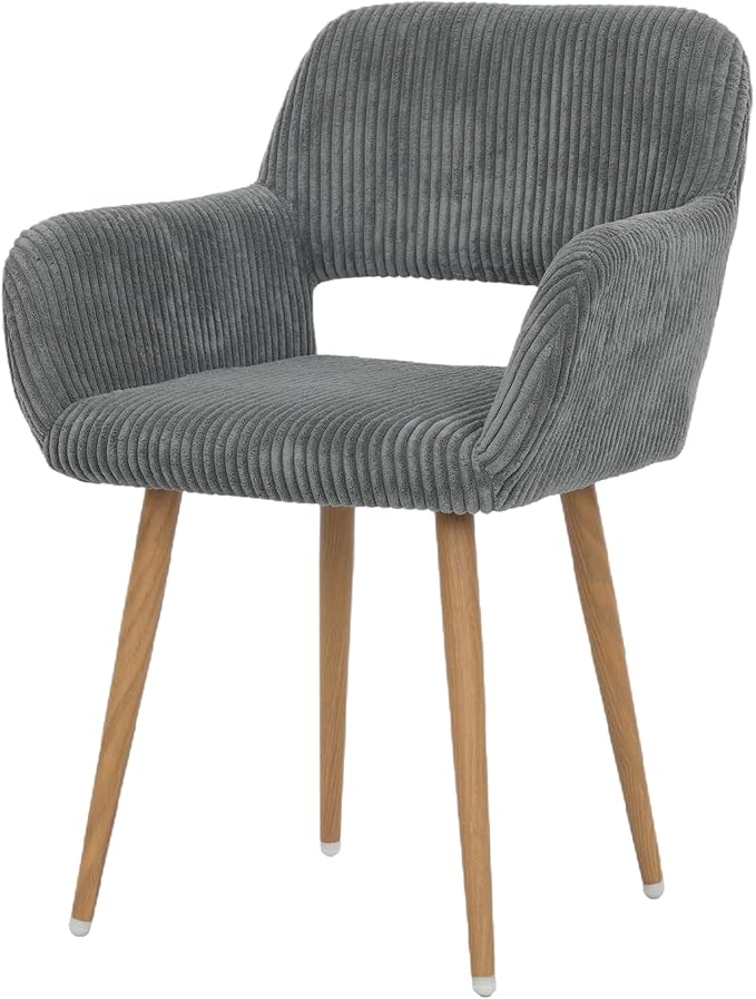 HENJIANYI Home Office Corduroy Desk Chair, Makeup Vanity Chair, Comfy Accent Armchair with Wood Grain Metal Legs, Cute Dining Chair with Hollowed Back, Dark Gray
