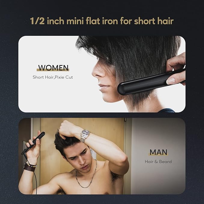 Terviiix Mini Flat Iron for Short Hair Temperature Adjustable, 1/2 Inch Mini Small Portable Ceramic Travel Hair Straightener for Men, Black