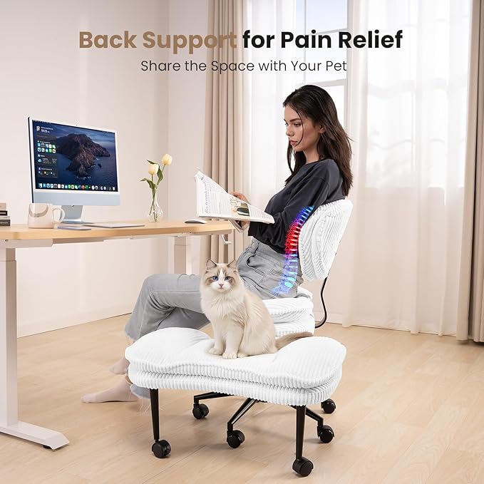 Cross Legged Office Chair, Ergonomic Cloud Criss Cross Desk Chair, Meditation Chair with Wheels, Height Adjustable Seat for ADHD, Wide Kneeling Chair with Back Support, Corduroy Fabric,White