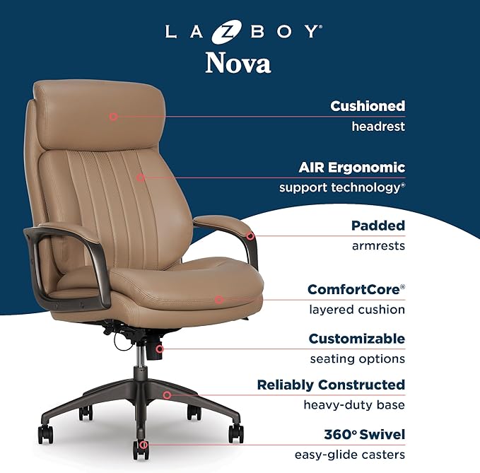 La-Z-Boy Nova Executive Office Chair - Ergonomic High Back Desk Chair with AIR Lumbar Support - Comfortable Computer Chair for Home Office - Vegan Leather - Light Tan