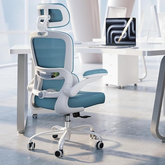 TRALT Ergonomic Office Chair - Desk Chair with Adjustable Headrest Lumbar Support Computer Chair - Mesh Comfy Chair with Flip-up Armrests - Gaming Chairs for Adults Home Office (PU Leather, Blue)