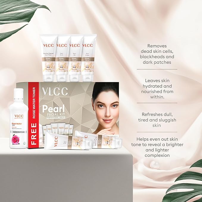 VLCC Pearl Facial Kit with 7 Skin Care Products - Cleanser with Toner, Face Cream, Face Scrub, Gels, Mask, Rosewater Toner - 7 pc