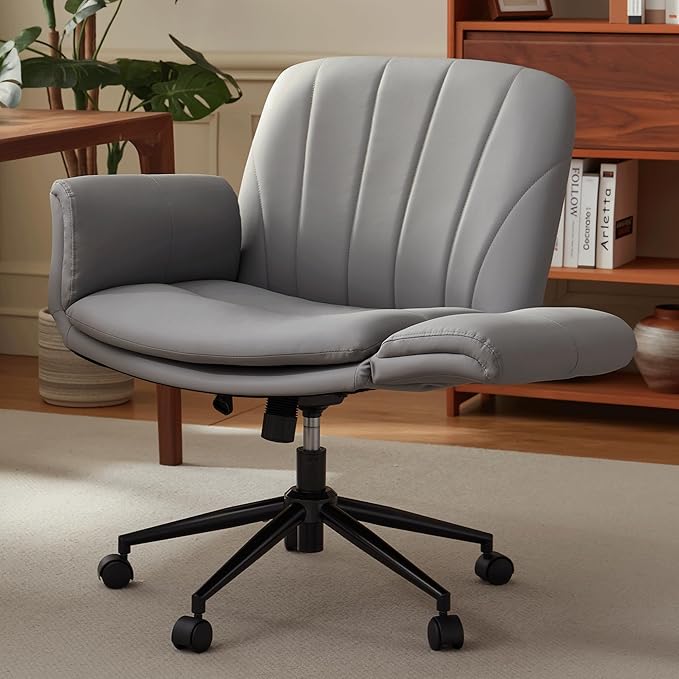 Dowinx Criss Cross Chair with Five-Level Adjustable Arms and Wheels - Comfortable Ergonomic PU Leather Swivel Vanity Chair - Computer Makeup Gaming Chair for Home Office, Bedroom, Vanity Room (Grey)