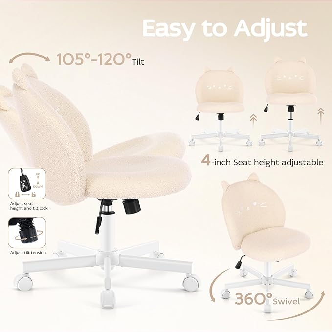 Vanity Chair with Cat Back,Armless Desk Chair Cute Small Office Chair,Teddy Fabric Computer Chair with Adjustable Height,120°Tilting,Rolling,Swivel for Vanity,Kids Room,Office,Bedroom Beige