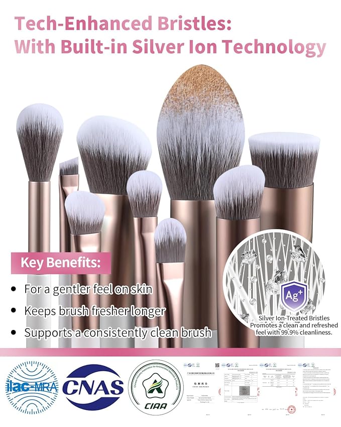 EIGSHOW Makeup Brushes Set, 15Pcs Professional Make Up Brush with Silver Ion Bristles for Foundation Powder Blush Highlighter Concealer Eyeshadow Eyeliner, Travel Gift Set (Champaign Gold)