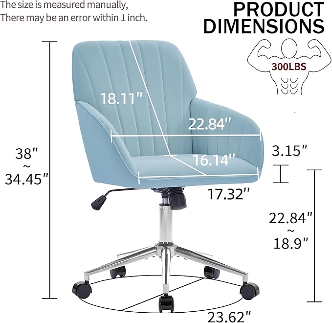 YITAI Velvet Office Desk Armchairs with Silver Base and Wheels,Modern Height Adjustable 360 Degree Swivel Upholstered Vanity Chairs for Living/Room Bedroom/Study,Light Blue