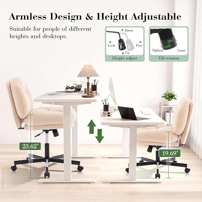 Criss Cross Chair, Thick Cushioned Ergonomic Cross Legged Office Chair with Wheels, Armless Swivel Vanity Chair, Height Adjustable Wide Computer Desk Chair for Home and Office, Beige